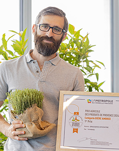 Laureat Prix Agricole des Produits de Provence catégorie bière ambrée avec une plante de thym dans la main